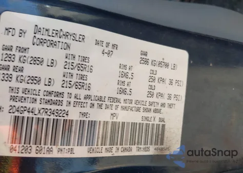 2007 Dodge Grand Caravan Sxt from USA, damaged, VIN 2D4GP44LX7R349224